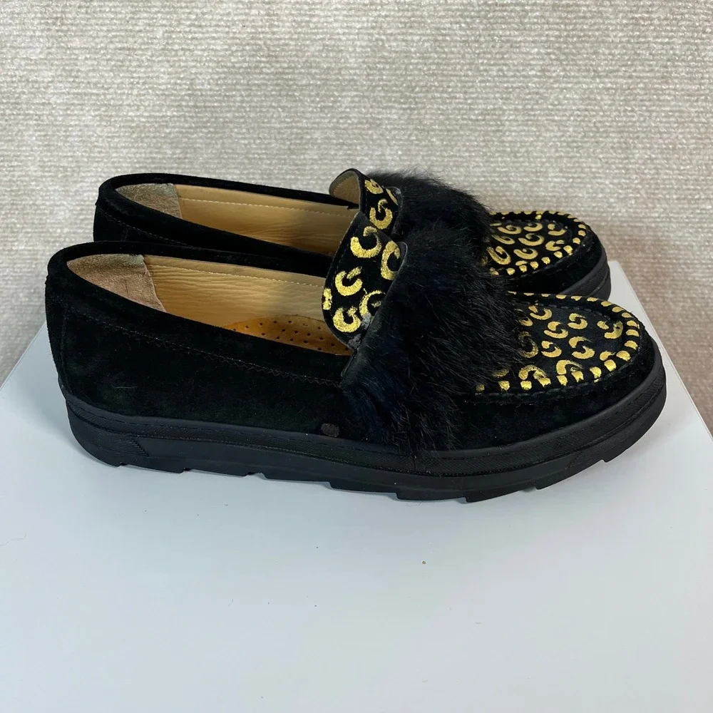 Joyks Black Metallic Gold Fur Accent Slip On Chunky Loafers Size 39‎ US 9